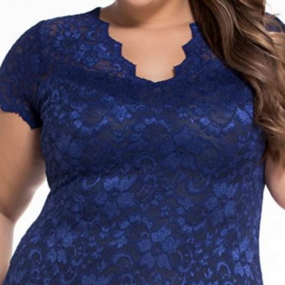Stretchy Blue Lace Plus Size BodyCon Pencil Dress - Picture 5 of 6